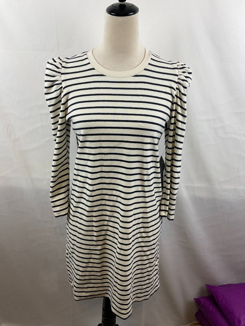 Pomander Place T-Shirt Dress XS Cream Black Striped Puff 3/4 Sleeve NWOT